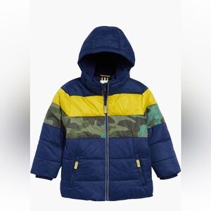 Boden Blue and Yellow Camouflage Puffer Jacket